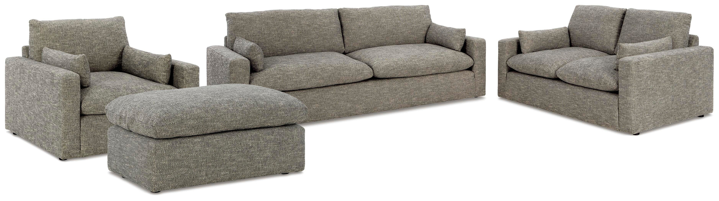 Ashley Furniture dramatic living room set with plush sofa, matching armchair, and stylish coffee table in a modern design.