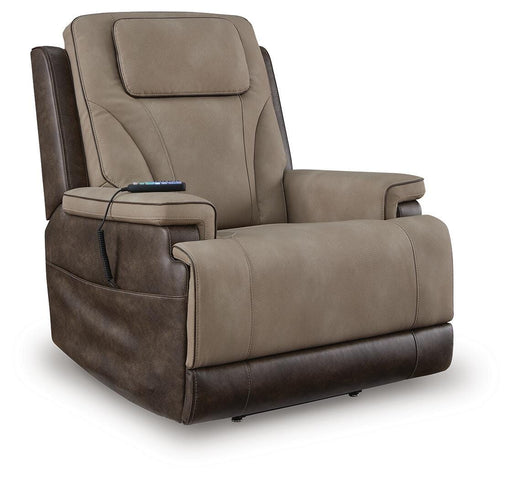 Ashley Furniture 4Z-Peaceful Pause power lift recliner shown from an angle, featuring plush upholstery and a comfortable reclining design.