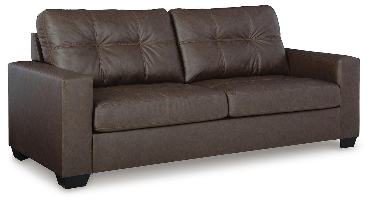 Ashley Furniture Barlin Mills sofa in a stylish angle view, showcasing plush cushions and modern design.