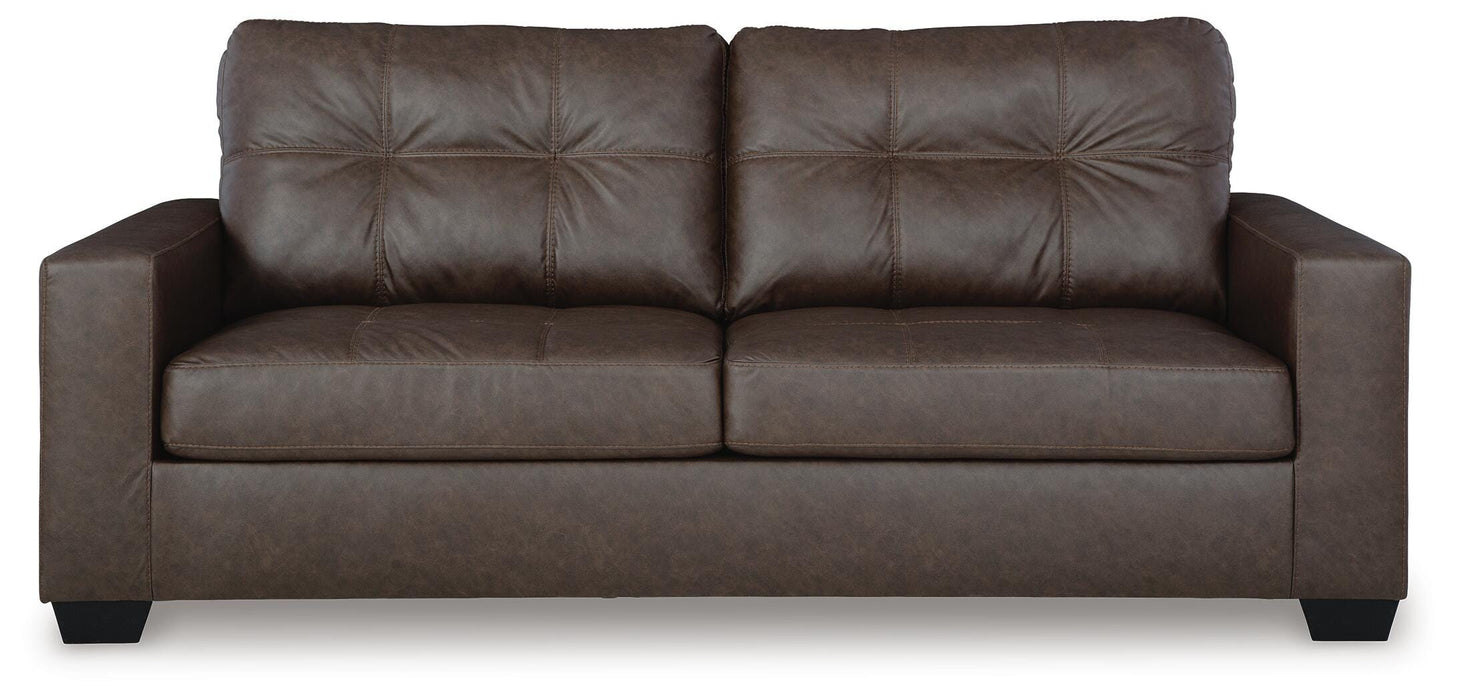 Ashley Furniture Barlin Mills sofa with plush cushions and tapered wooden legs, shown from a front head-on view.