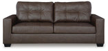 Ashley Furniture Barlin Mills sofa with plush cushions and tapered wooden legs, shown from a front head-on view.