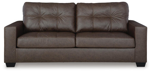 Ashley Furniture Barlin Mills sofa with plush cushions and tapered wooden legs, shown from a front head-on view.