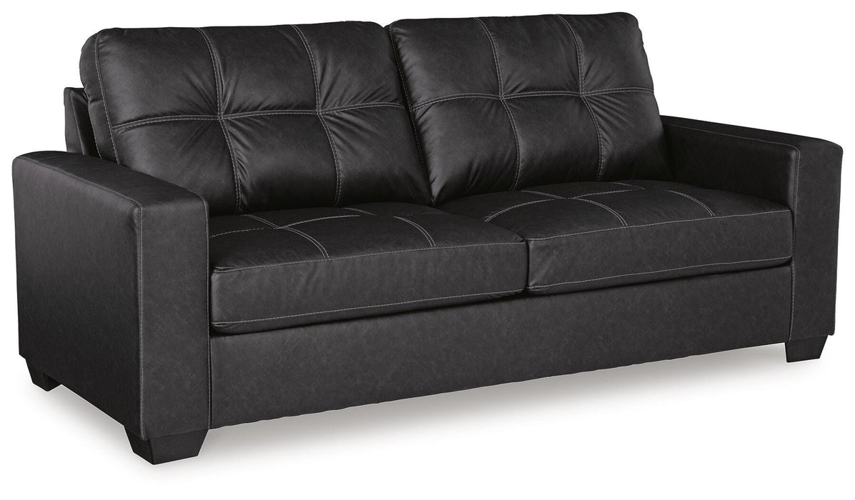 Ashley Furniture Barlin Mills sofa shown in an angled view, featuring plush upholstery and modern design for living room comfort.