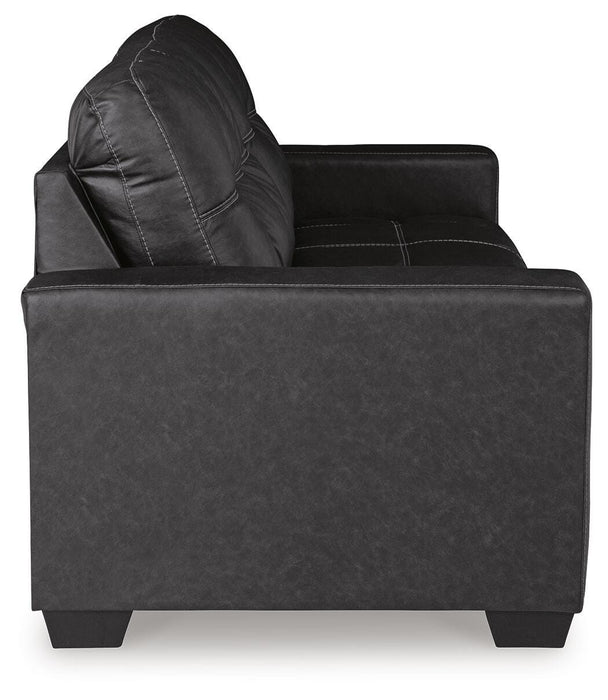 Ashley Furniture Barlin Mills sofa with plush fabric, side view showing cushioned armrests and stylish design.