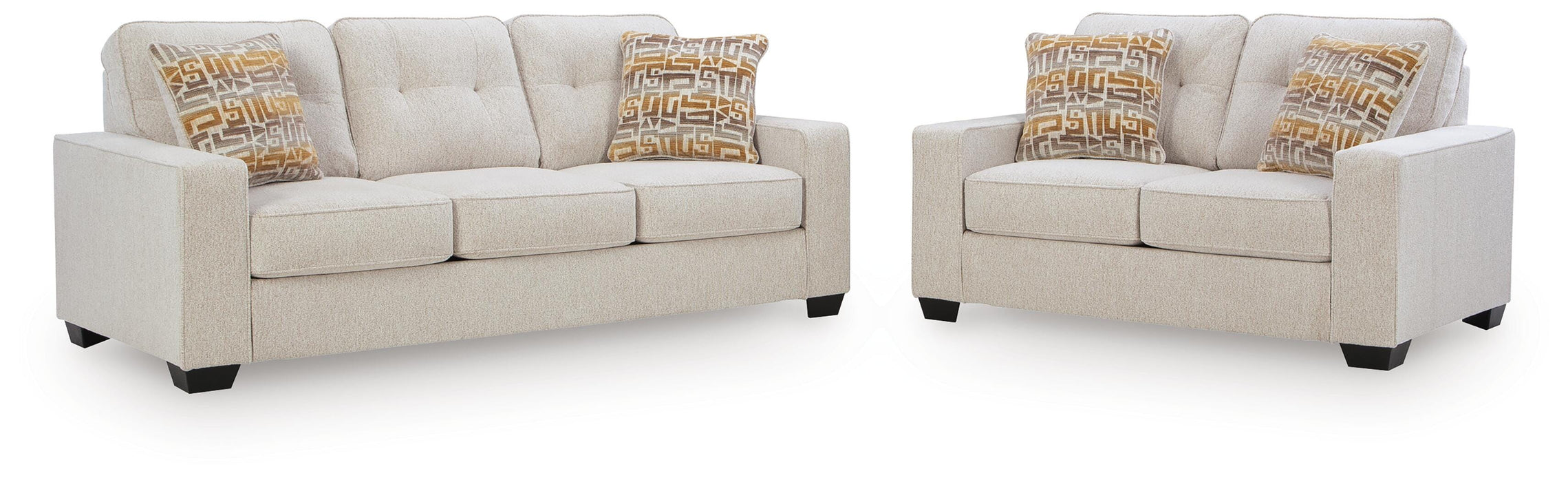 Ashley Furniture Larimer living room set with a sofa, loveseat, and armchair in a contemporary design, beige upholstery, and plush cushions.
