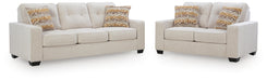 Ashley Furniture Larimer living room set with a sofa, loveseat, and armchair in a contemporary design, beige upholstery, and plush cushions.