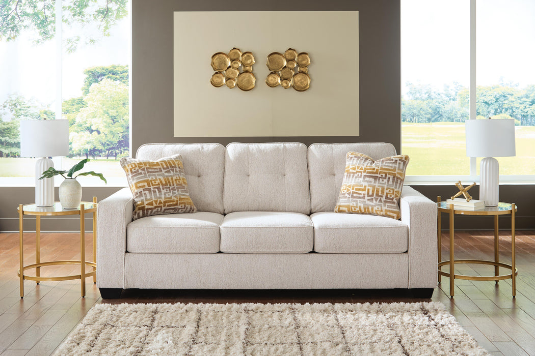 Ashley Furniture Larimer living room set featuring a sofa, loveseat, and armchair with neutral fabric and modern design.