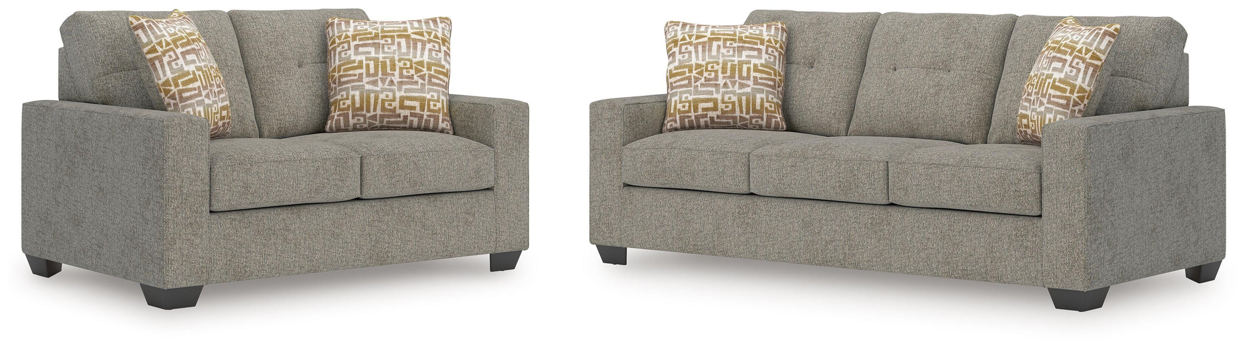 Ashley Furniture Larimer living room set with sofa and loveseat in neutral fabric, stylish and comfortable for modern living rooms.