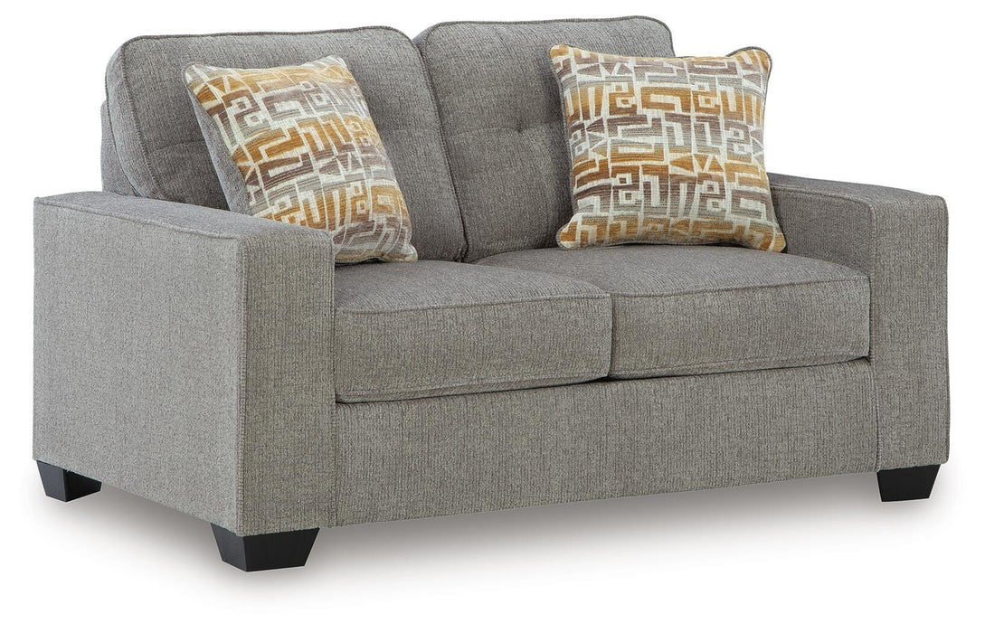 Ashley Furniture Larimer living room set with a sofa and loveseat, featuring neutral upholstery and contemporary design.