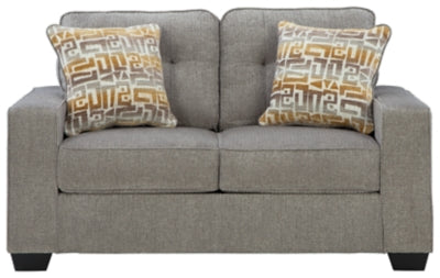 Ashley Furniture Larimer loveseat with plush fabric and cushioned armrests, shown from a head-on angle.