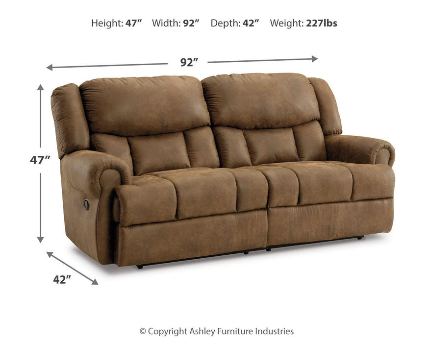 Ashley Furniture Boothbay reclining sofa with plush cushions and fabric upholstery, shown in a cozy living room setting.