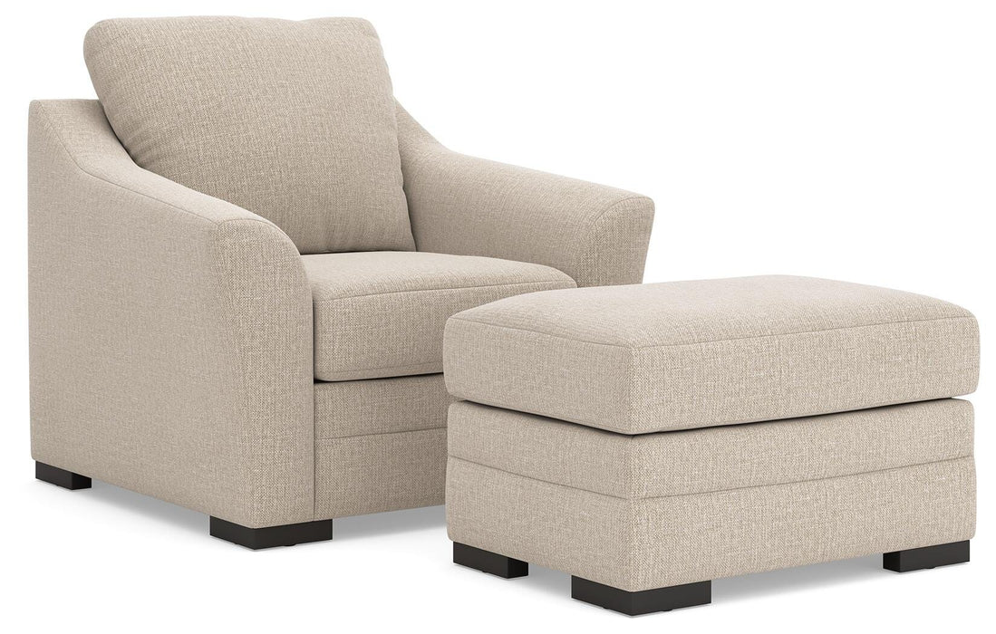 Ashley Furniture Lango living room set with sofa and armchair in a modern design, featuring neutral upholstery and sleek wooden legs.