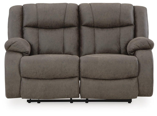 Ashley Furniture First Base reclining loveseat with plush fabric upholstery and cushioned armrests, shown from a head-on view.
