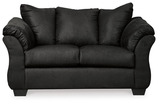 Ashley Furniture Darcy Loveseat with plush fabric and cushioned arms, ideal for cozy living room seating.