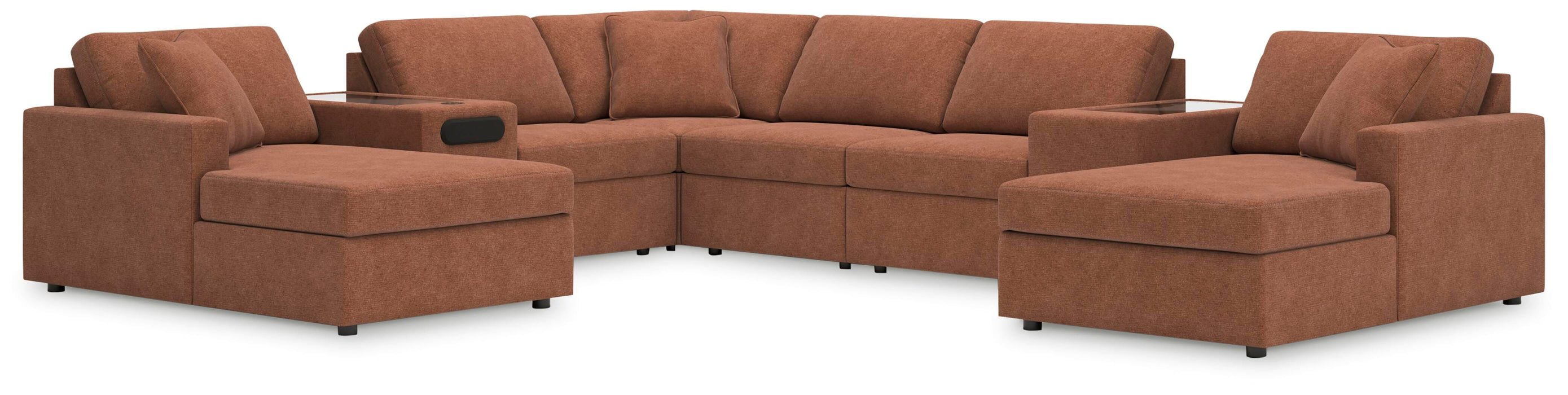 Ashley Furniture Modmax sectional with chaise, showcasing modern design, plush cushions, and neutral upholstery in a spacious living room setting.