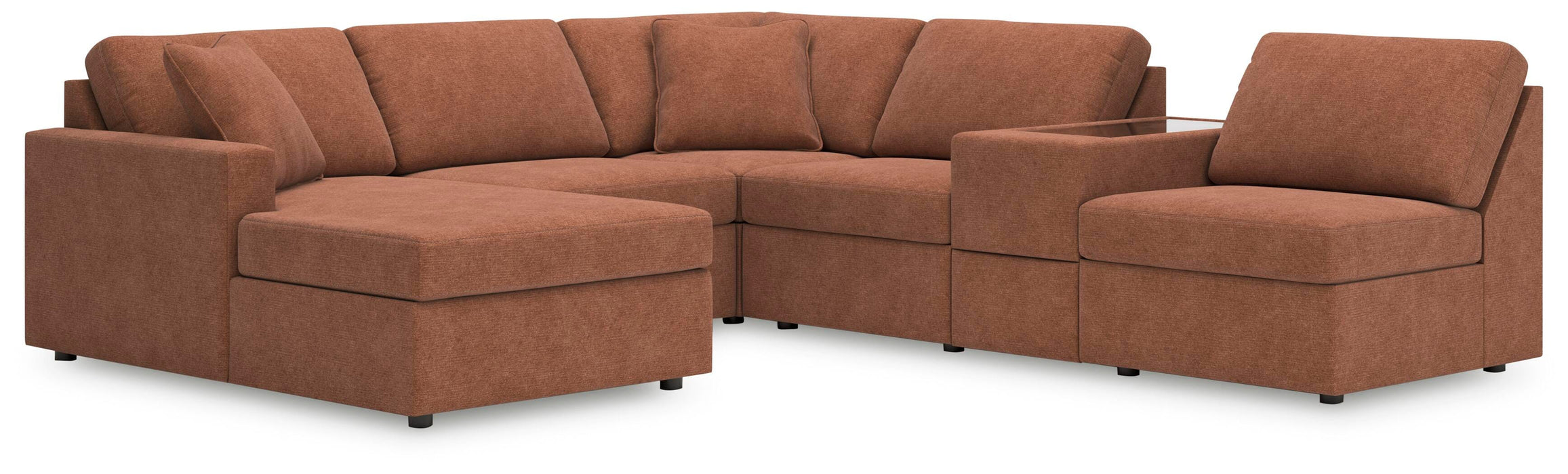 Ashley Furniture Modmax sectional with chaise, showcasing a modern fabric sofa with a spacious chaise lounge.