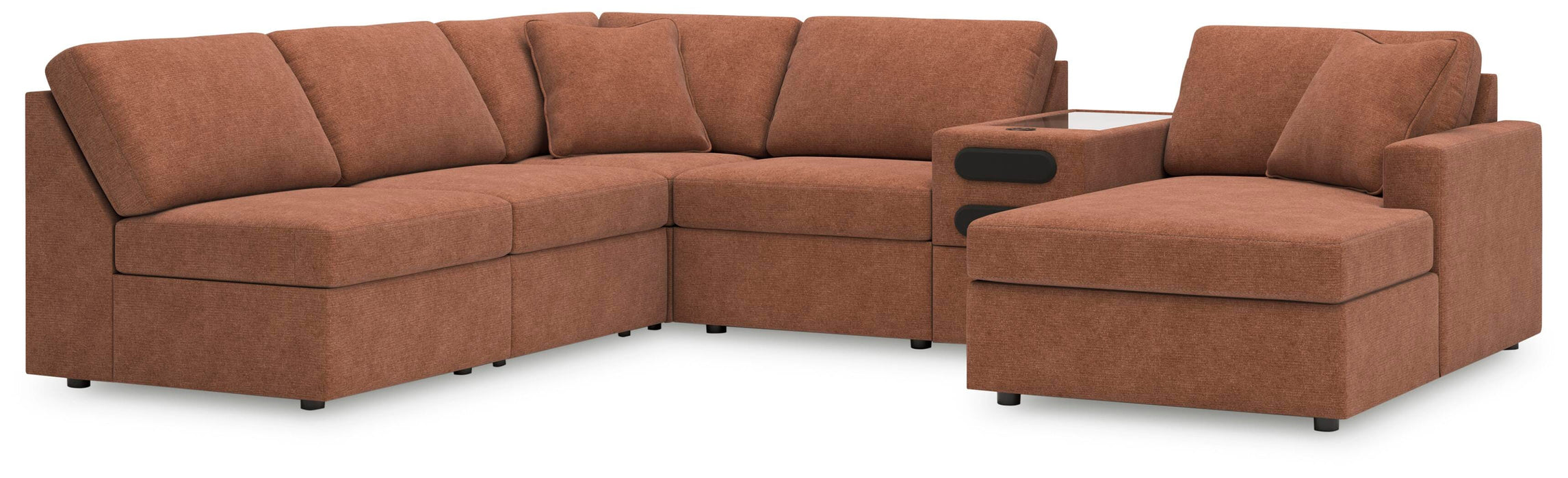 Ashley Furniture Modmax sectional with chaise, featuring modern design and plush cushions in a stylish living room setting.