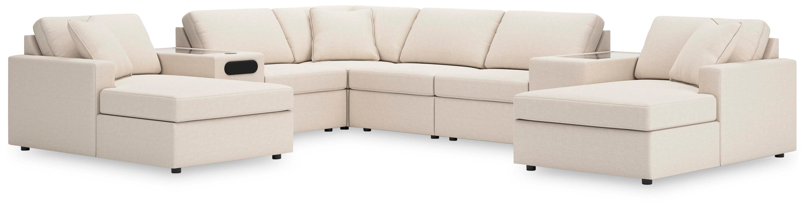 Ashley Furniture Modmax sectional with chaise, featuring plush fabric, modern design, and multiple seating areas in a stylish living room.