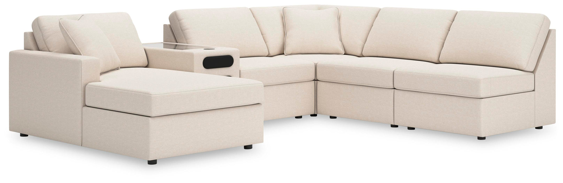 Ashley Furniture Modmax sectional with chaise, featuring plush upholstery and modern design, shown from a side angle.