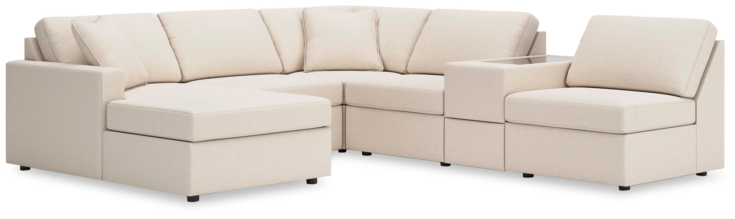 Ashley Furniture Modmax sectional with chaise, featuring plush cushions and modern design in a neutral fabric.