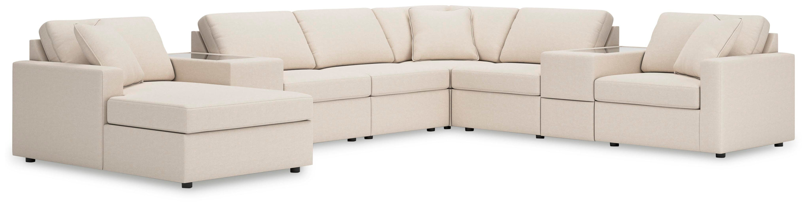Ashley Furniture Modmax sectional with chaise, showing modern fabric upholstery and spacious seating in a stylish living room setting.