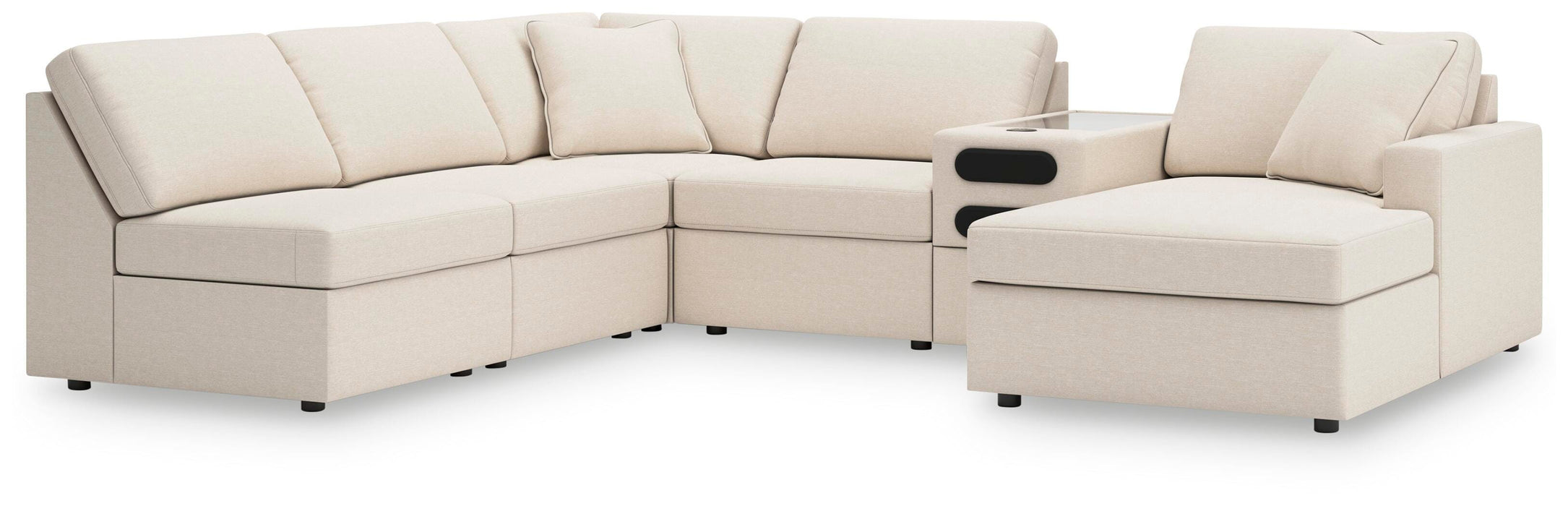 Ashley Furniture Modmax sectional with chaise, beige fabric, modern design, featuring plush cushions and wide armrests.