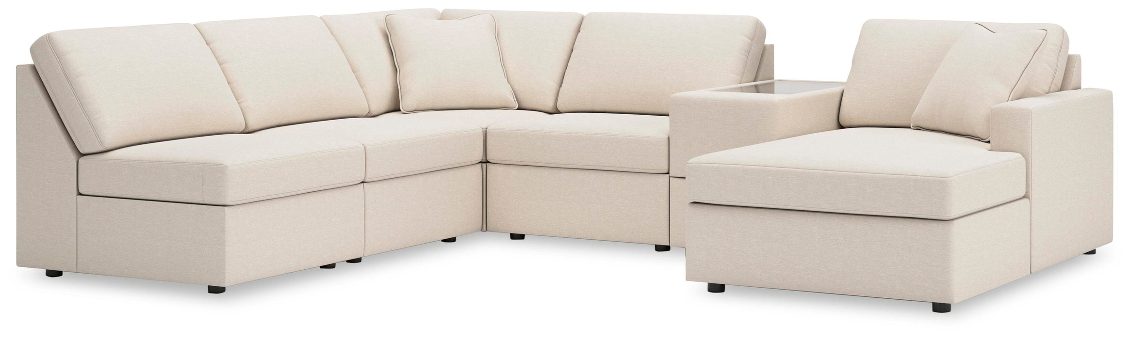 Ashley Furniture Modmax sectional with chaise in neutral fabric, showing the modern L-shaped sofa with plush cushions and chaise lounge.