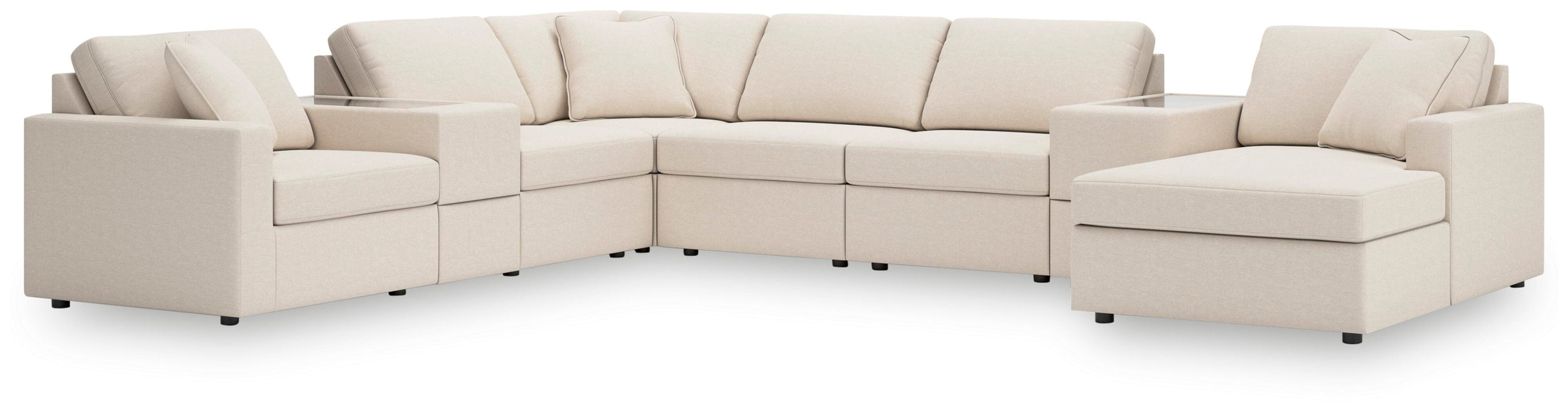 Ashley Furniture Modmax sectional with chaise, featuring plush cushions and modern design in a cozy living room setting.