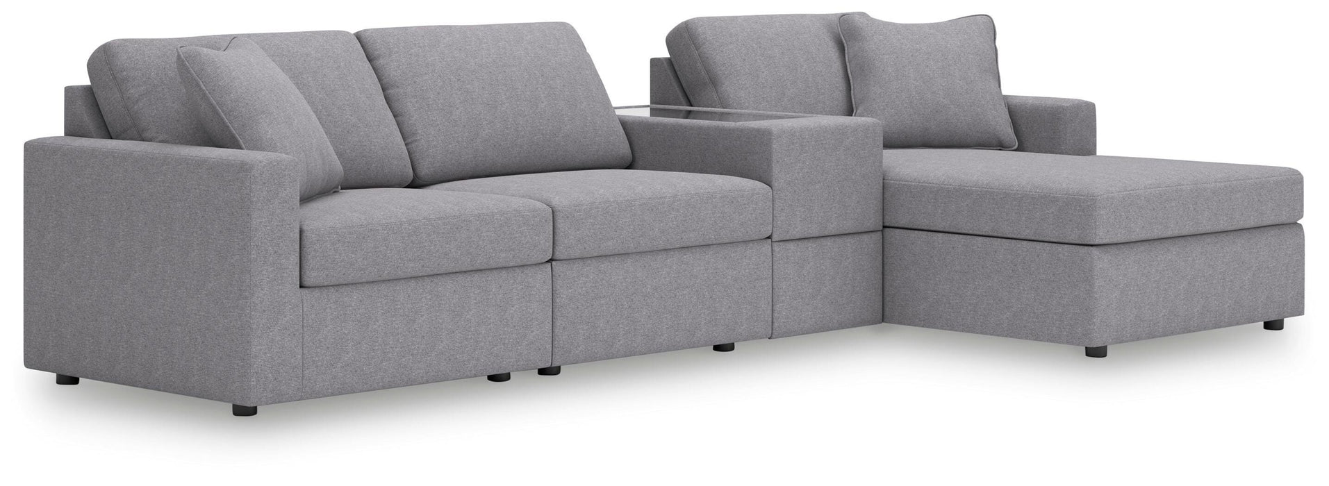 Ashley Furniture Modmax sectional with chaise in a modern design, shown from an angled view highlighting the spacious seating.