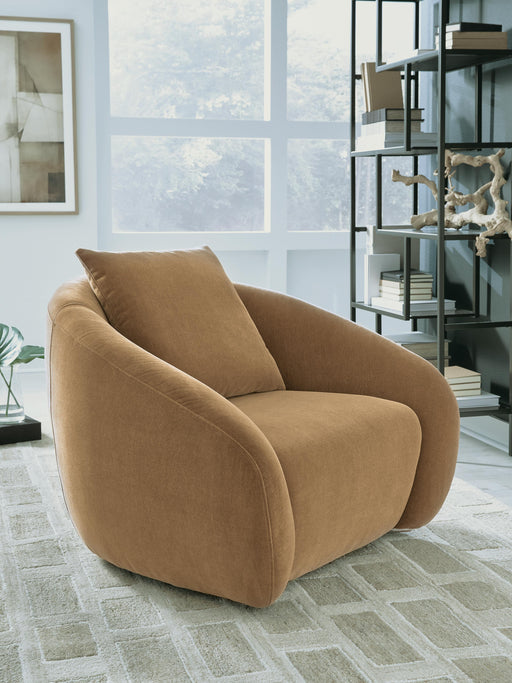 Ashley Furniture Yahya swivel accent chair with plush fabric and modern design, shown from a front angle.