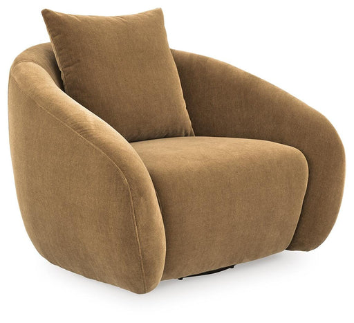 Ashley Furniture Yahya swivel accent chair with plush fabric and modern design, shown from a side angle in a stylish living room setting.