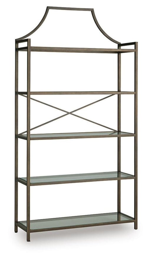 Ashley Furniture Bernonly 72-inch bookcase with multiple shelves and a polished wood finish, shown from an angled side view.