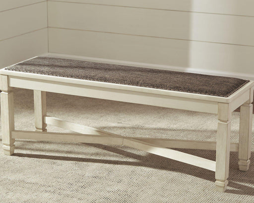 Ashley Furniture Bolanburg dining bench with wooden legs and upholstered seat, ideal for kitchen or dining room seating.