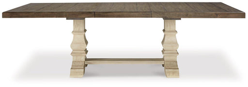 Bolanburg extension dining table by Ashley Furniture with a wooden surface and sturdy legs, ideal for family meals and gatherings.