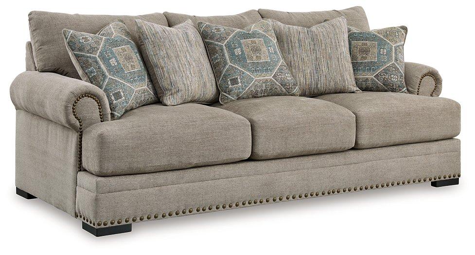 Ashley Furniture Galemore sofa with plush gray fabric, featuring rolled arms and cozy cushion seating.