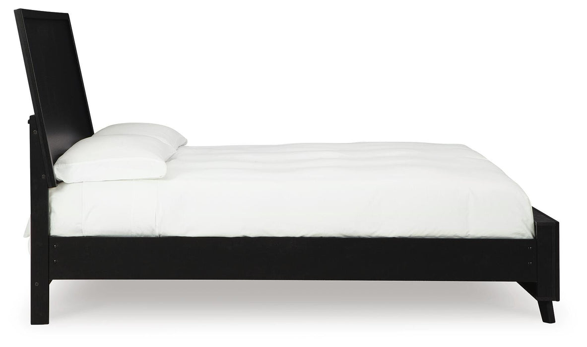 Ashley Furniture Danziar Bed with a sleek wooden frame and side view showing its modern design and sturdy construction.