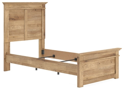 Ashley Furniture Makidern bed with upholstered headboard and wooden frame, shown from an angled side view.