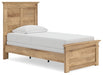 Ashley Furniture Makidern Bed with a stylish upholstered headboard and wooden frame, shown from an angled side view.