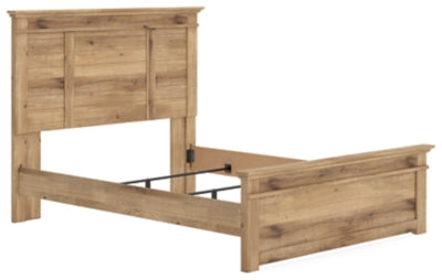 Ashley Furniture Makidern Bed with upholstered headboard and wooden frame, shown from an angled side view.