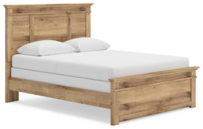 Ashley Furniture Makidern Bed with a sleek wooden frame and angled headboard, shown from a side angle in a modern bedroom setting.