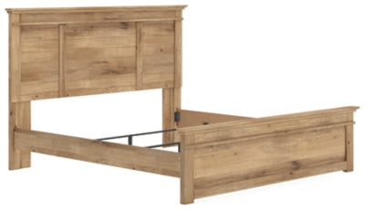 Ashley Furniture Makidern Bed with a stylish wooden frame and neutral fabric upholstery, shown from an angled side view.