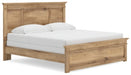 Ashley Furniture Makidern Bed with a wooden frame, featuring a stylish headboard and neutral upholstery in a cozy bedroom setting.
