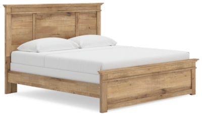 Ashley Furniture Makidern Bed with a wooden frame, featuring a stylish headboard and neutral upholstery in a cozy bedroom setting.