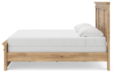 Ashley Furniture Makidern Bed showing a side view with a wooden frame and neutral upholstery, detailed headboard and footboard design.