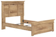 Ashley Furniture Makidern Bed with a modern wooden frame and headboard, shown from an angled side view in a bedroom setting.
