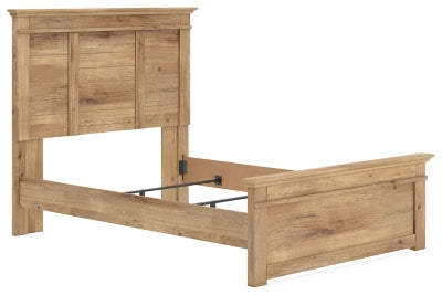 Ashley Furniture Makidern Bed with a modern wooden frame and headboard, shown from an angled side view in a bedroom setting.