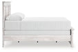 Ashley Furniture Makidern bed with a sleek wooden frame and side view showing the headboard and footboard design.