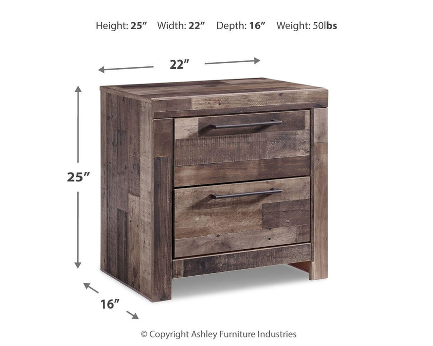 Ashley Furniture Derekson nightstand with a dark wood finish and modern design, featuring drawers and a sleek tabletop.