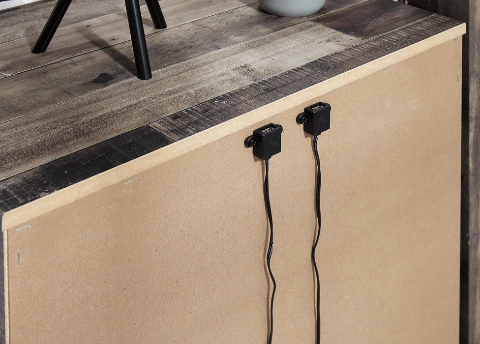 Ashley Furniture Derekson Nightstand with USB ports, dark wood finish, featuring drawers and a modern design.