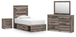 Graystorm bedroom set by Ashley Furniture featuring a bed, matching nightstands, and dresser in a modern gray finish.